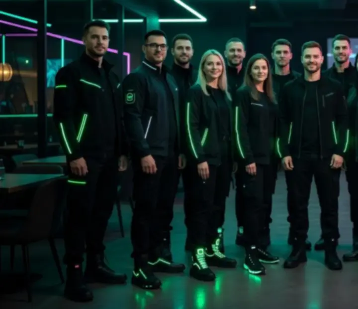 Zespół prowadzących w stylu techwear gotowy na wieczór tematyczny w Kravinoravia