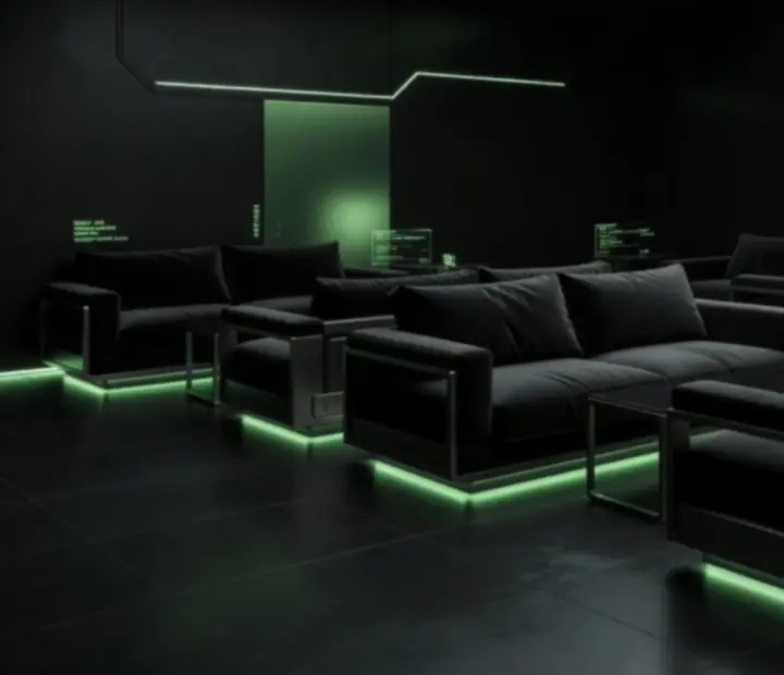Strefa lounge w stylu techwear w Kravinoravia