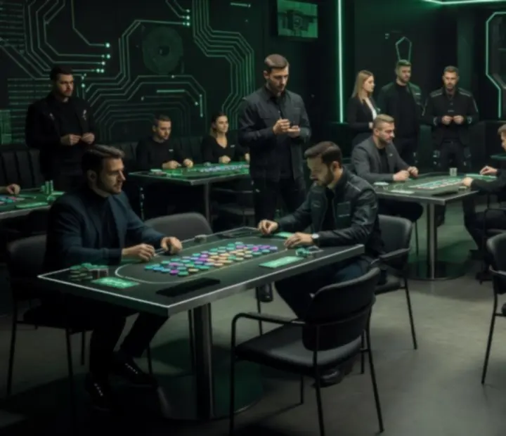 Pokerowy stół w klimacie Matrix-Techwear w restauracji Kravinoravia