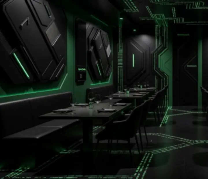 Wnętrze restauracji Kravinoravia w stylu matrix, przygotowane na wieczór tematyczny